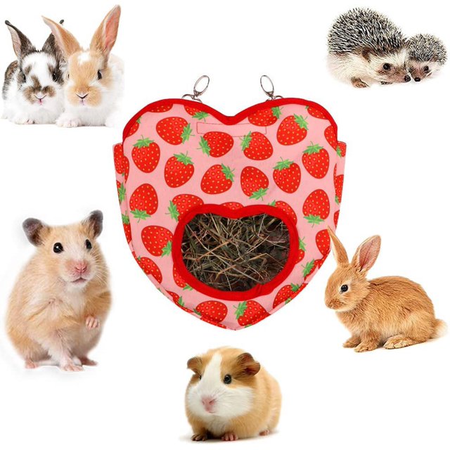 Bolsa de comedero colgante, bolsa de comedero para animales pequeños, comedero de heno para conejos, comedero de heno para cobayas, para conejo, hámster, chinchilla, cobaya (fresa)