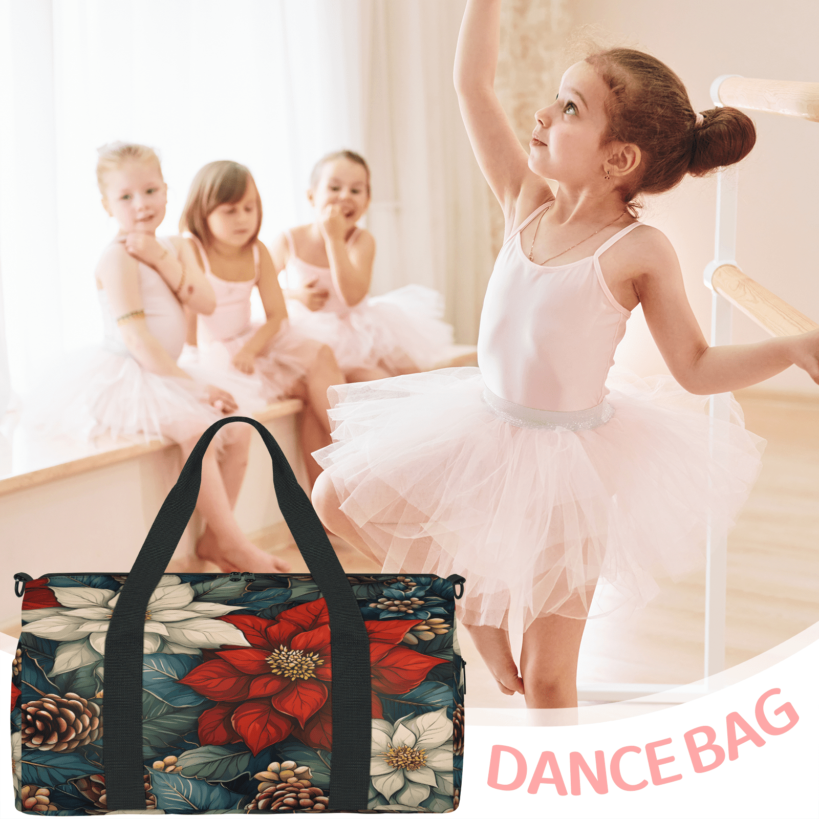 Herdesigns Christmas Flower Leaves Travel Duffle Bag Sports Yoga Weekender Overnight Carry on Workout Bags Lightweight Waterproof Gym Tote Bag for Women Poinsettia Floral