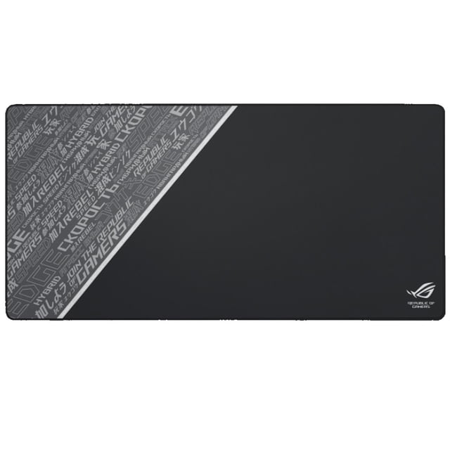 mouse pad gamer asus rog sheath blk ltd 900mm x 440mm x 3mm negro - blanco Alfombrilla extragrande negra con superficie lisa para precisión de ratón, banda diagonal gris con patrón tipográfico en el lado izquierdo y logo ROG blanco en la esquina inferior derecha; bordes cosidos resistentes y base de goma antideslizante en el reverso; a menudo se usa también para acomodar teclado y auriculares en setups compactos.