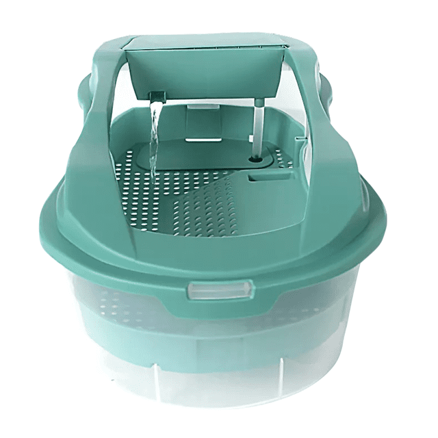tortuguero grande ke woow habitat para reptiles y cangrejos anti-escapes con filtro y bomba color azul vista frontal centrada: tortuguero azul y gris 45 x 25 x 17 cm con base transparente, plataforma interior perforada y tapa anti-escape con rebosadero; incluye filtro con motor bomba sumergible silencioso visible, plástico rígido no tóxico, fácil de limpiar, apto para tortugas pequeñas, cangrejos y ermitaños; a menudo usado también como terrario temporal para anfibios durante limpiezas.