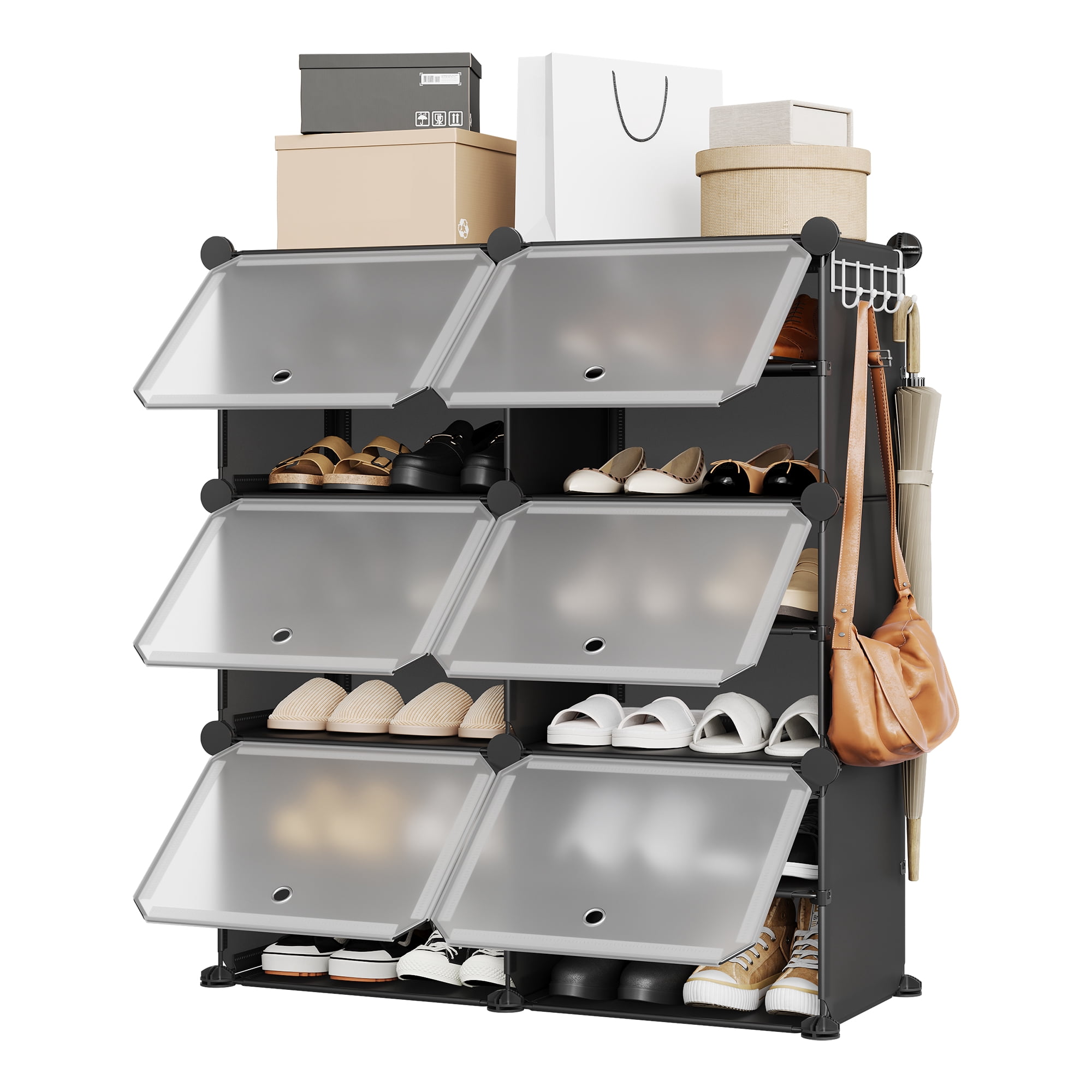 Modular 6-Cube Shoe Storage Cabinet with Doors – 6-Tier Plastic Shoe Organizer – Space-Saving – Easy DIY Assembly – for Entryway, Bedroom, Living Room – Black
