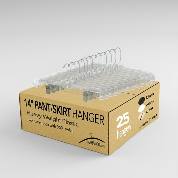 NAHANCO #600RCLHHU 14" Clear Heavy Weight Plastic Skirt/Pant Hangers with Long Hook and Chrome Hook (Pack of 25)