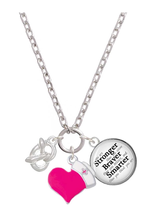 Silvertone 3-D Pretzel - Hot Pink Heart Nurse Strong Zoe Necklace