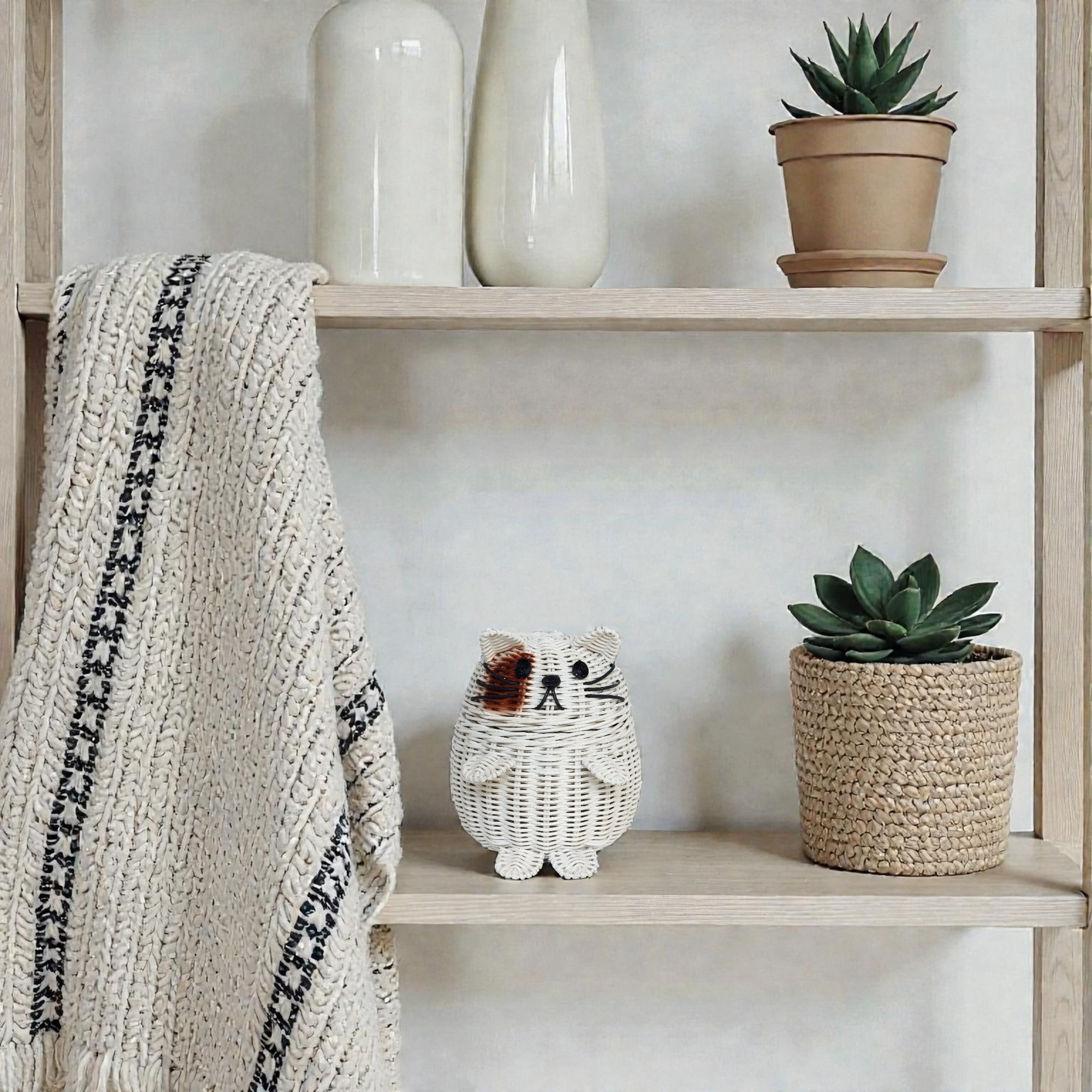 Cat Rattan Storage Basket with Lid Decorative Bin Home Decor Hand Woven Shelf Organizer Cute Handmade Handcrafted Gift Art Artwork Wicker Kitten