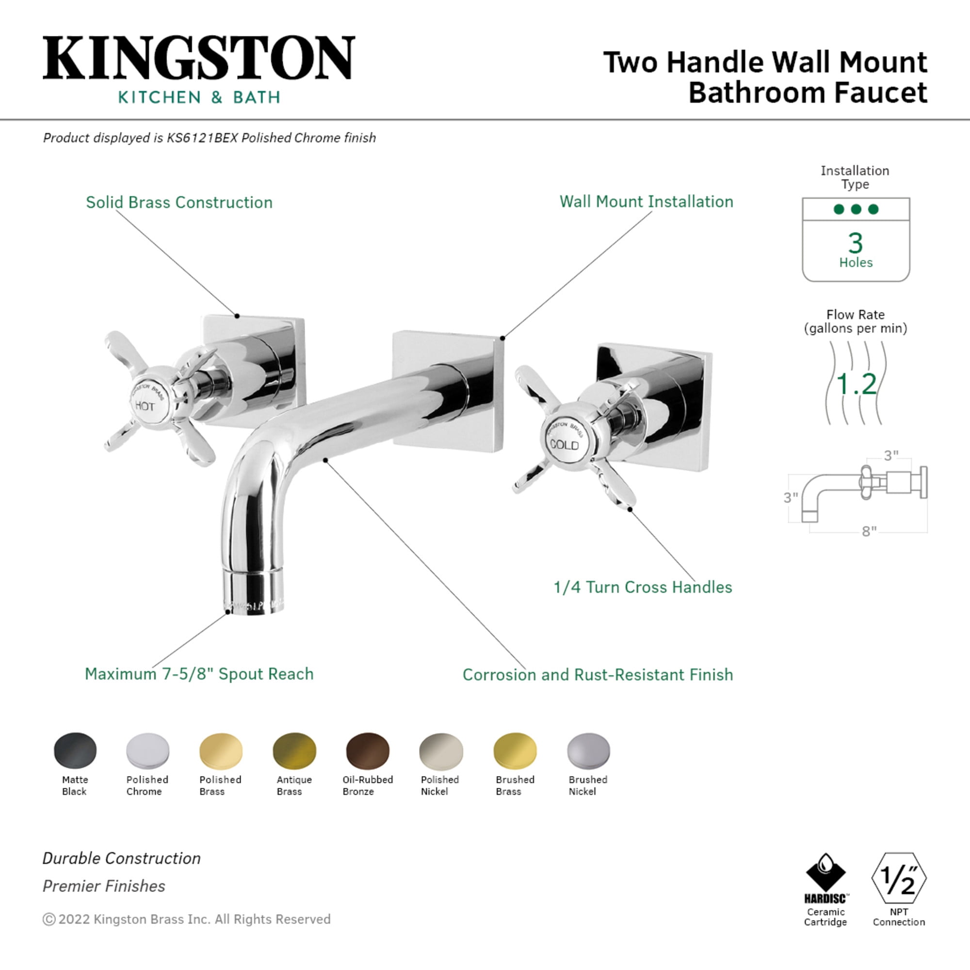 Kingston Brass KS6123BEX Essex Double-Handle Wall Mount Bathroom Faucet, Antique Brass