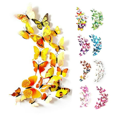 CUH 12 PCS Wall Stickers Creative 3D Butterfly Wall Stickers Art DIY Decoration Decals Wall Art Decors for Home Bedroom Living Room TV Background Wall Kitchen Fridge