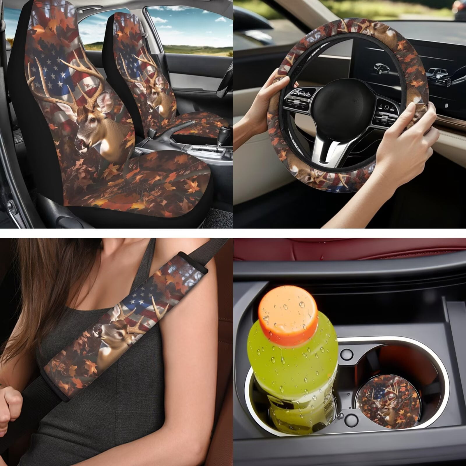 Binienty Deer Hunting Camo Auto Seat Covers Front And Backseat with Patriotic Automotive Steering Wheel Cover Cloth Armrest Cushion Pad Anti-Scratch Seat Headrest Cover 14 Piece Car Interior Decor