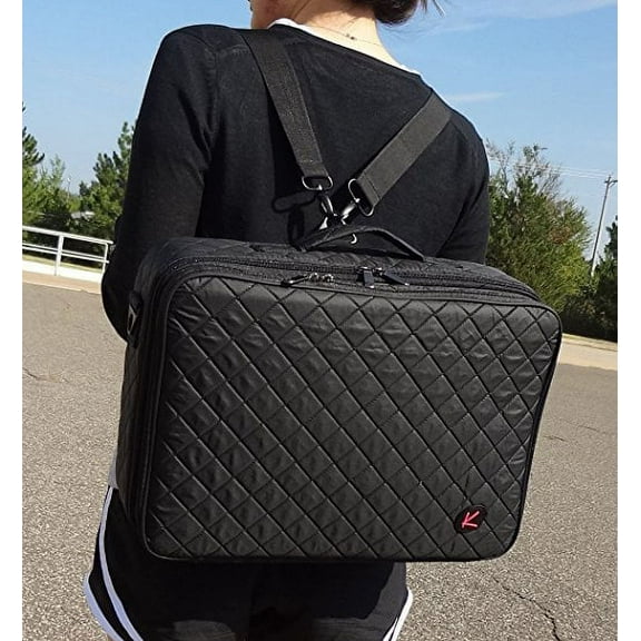 Professional On The Go Makeup Train Case Cosmetic Travel Storage Organizer Bag with Dividers and Brush Pockets (Black)