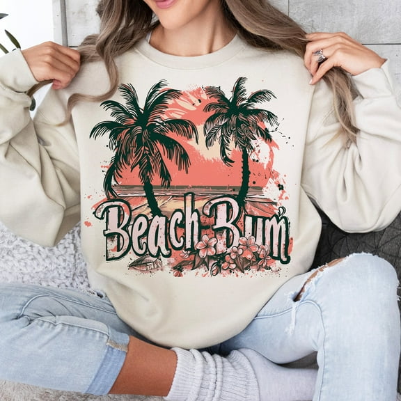 Beach Bum Sweatshirt, Retro Summer Pullover, Palm and Sun Sweater, Trendy Coastal Top for Beach Lovers