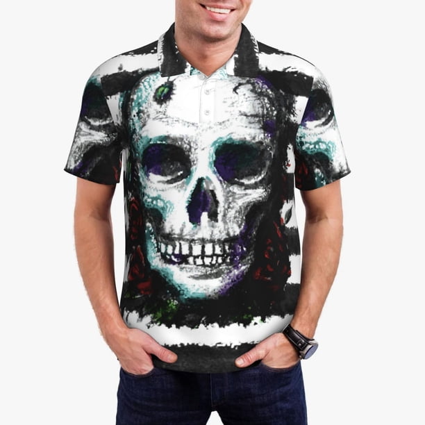 Fotbe Watercolor Skull Camiseta Polo de Golf para Hombre con Estampado – Camisa Deportiva Transpirable con Cuello Abotonado-X-Large
