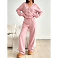 thumbnail image 6 of DENTOYOU Lounge Sets for Women 2 Piece Outfits V Neck Button Long Sleeve Shirt Wide Leg Pants Matching Set Sweatsuits Pink XL, 6 of 6