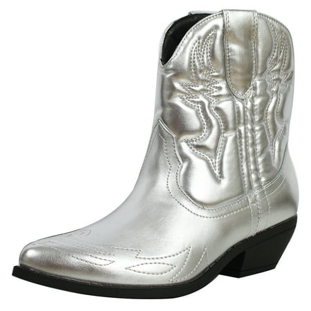 

Soda Women s Faux Leather Stitching Cowboy Ankle Bootie Silver 7 M US