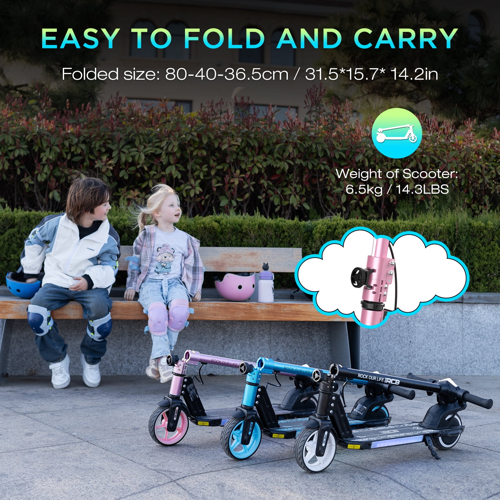 RCB Electric Scooter for Kids,Max Speed 9.3 mph,6.5 Miles Range,Rainbow LED Lights&Display,Foldable&Portable