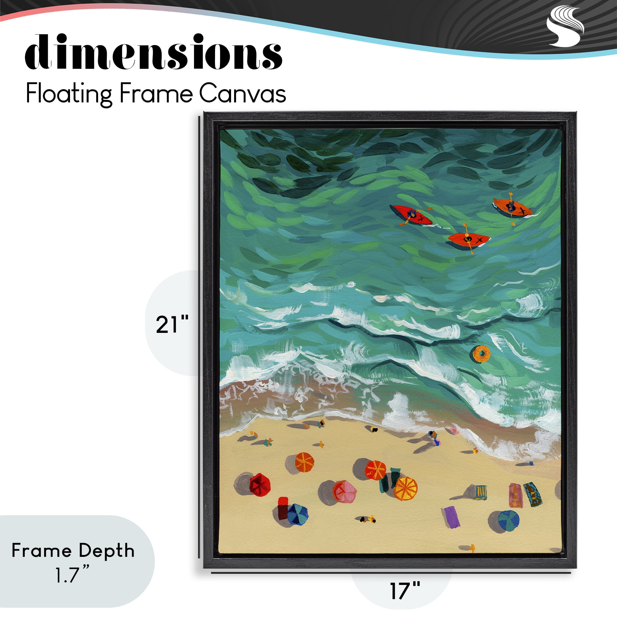 Stupell Industries Three Kayaks in Turquoise Waves Black Framed Floater Canvas Wall Art, design by Brook Page