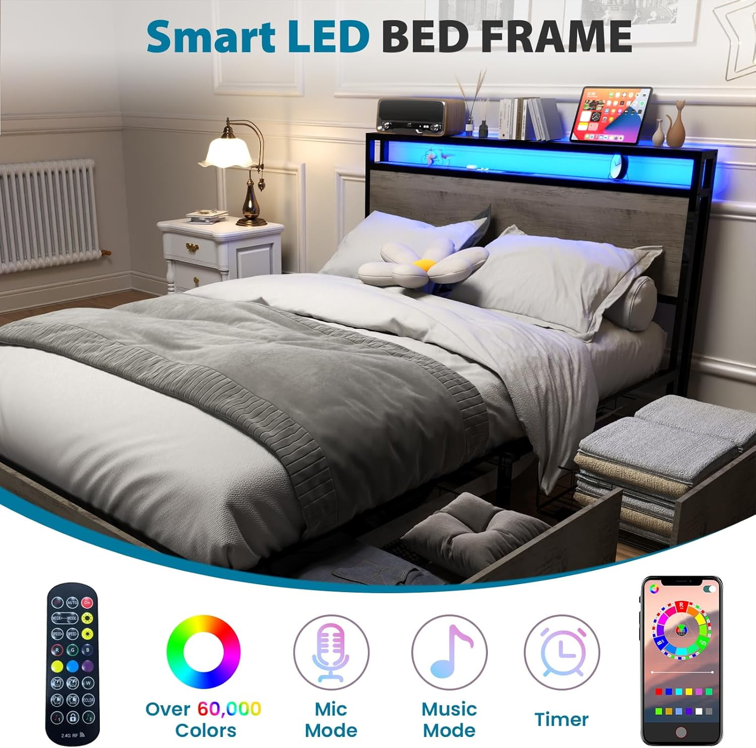 AENKYO Full Size Bed Frame with LED Lights and Charging Station, and 4 Drawers, Rustic Gray