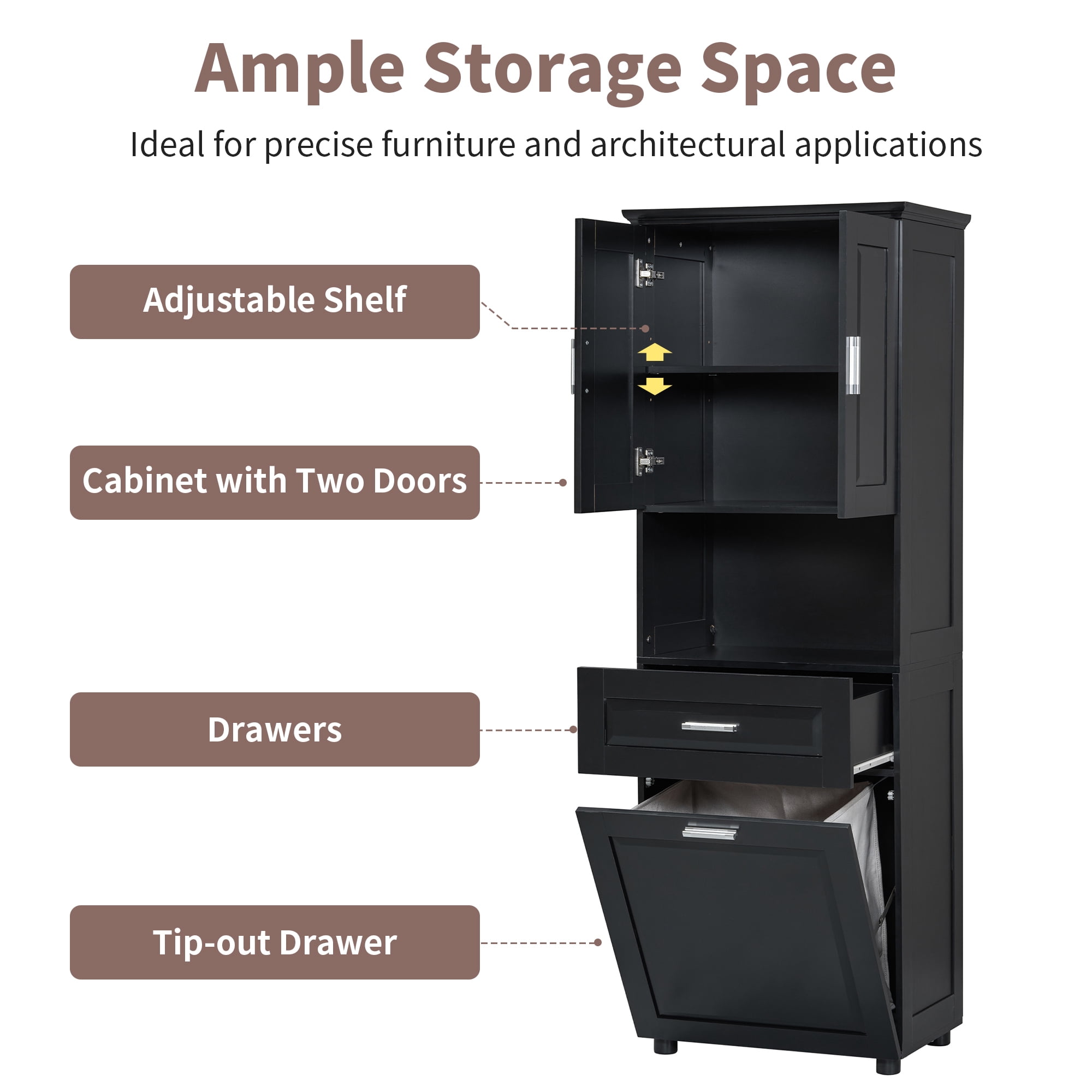 Leumius 70" Tall Bathroom Storage Cabinet with Drawer & Laundry Basket，Modern Freestanding Tilt-Out Laundry Hamper and Upper Storage Cabinet,Black