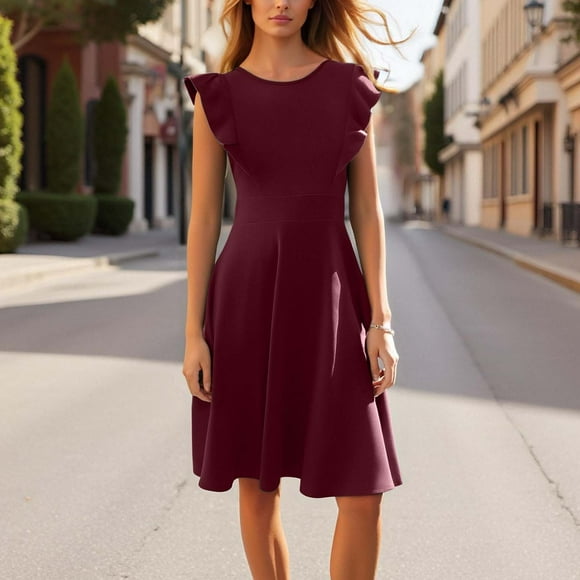 Robe d'Été pour Femmes DYTTDG Robe d'Été Unie Col Rond Sans Manches Mode Robe Trapèze Vente d'Été Rouge,m