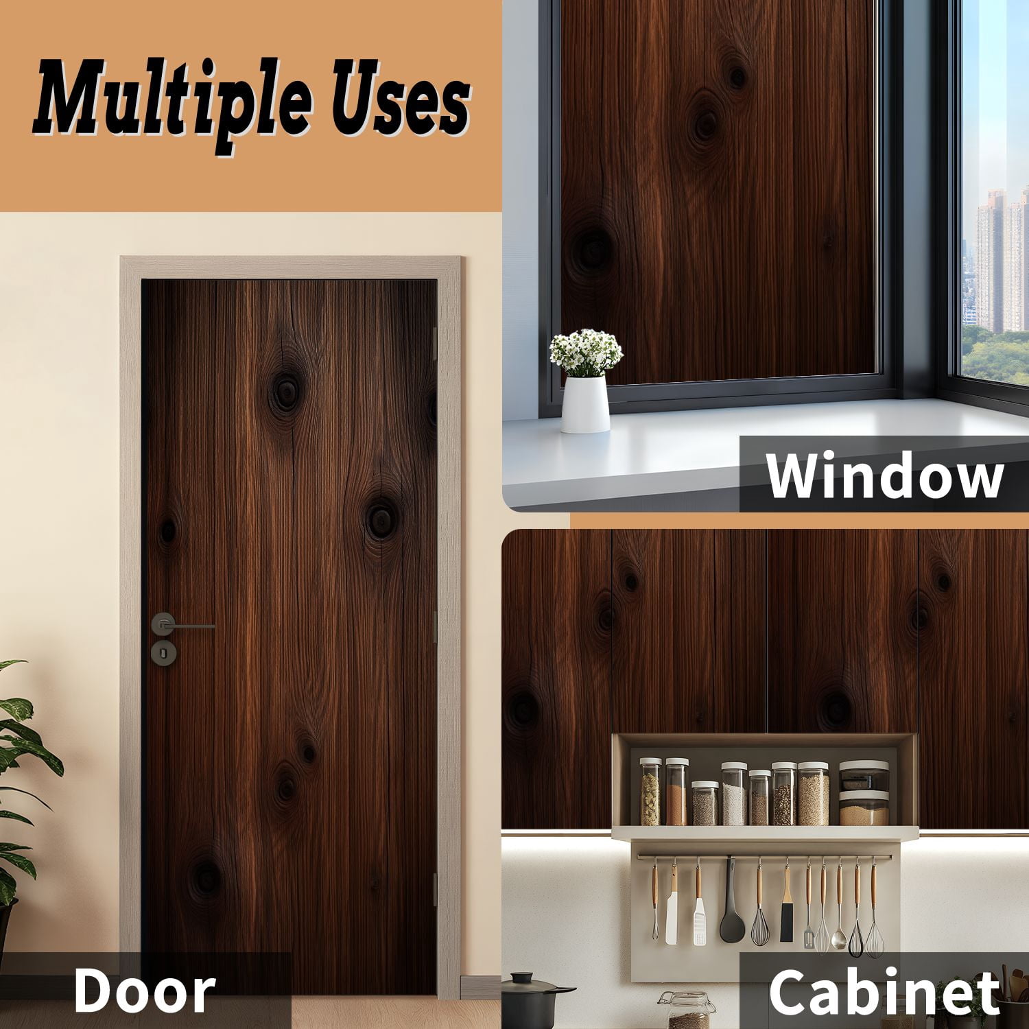 Self Adhesive Vinyl Refrigerator Wrap Set Dark Brown Wood Plank Vintage Knots Rustic Natural Door Mural Removable Fridge Sticker Peel and Stick&nbsp;Full Door Cover Decal Kitchen Bar Decor