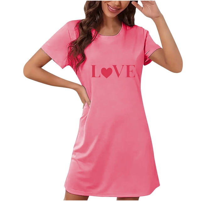 Amzcrzy Pyjamas pour Femmes Cadeaux de la Saint-Valentin pour Femmes Robe de Nuit Décontractée à Manches Courtes et Col Rond Mode avec Cœur Graphique