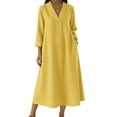 thumbnail image 2 of ClodeEU Women's Summer Linen Blend 3/4 Sleeve Dress ,Casual Loose Fit Midi Dress Yellow,Womens Plus L, 2 of 7