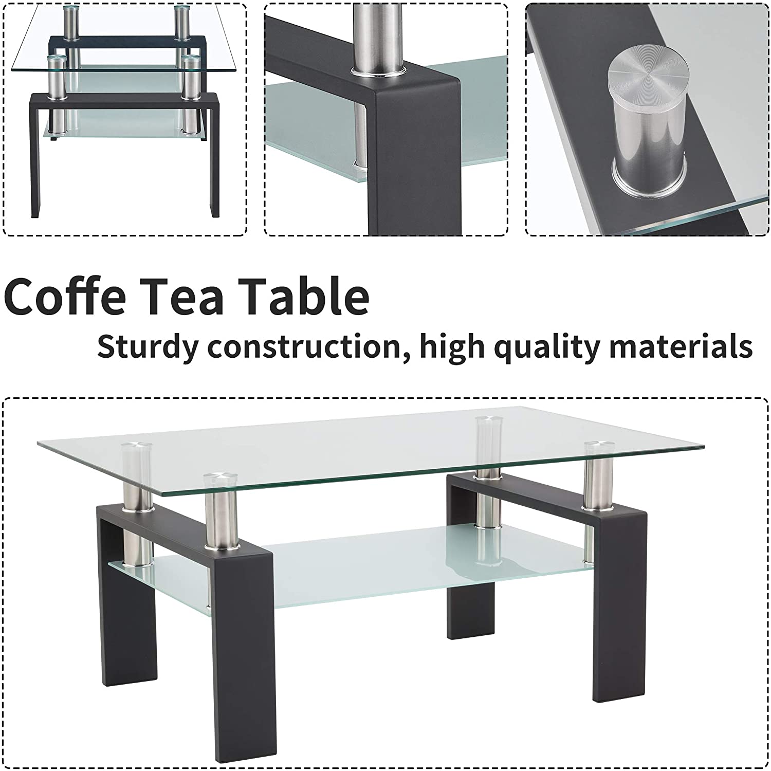Glass Coffee Table with Lower Shelf, Clear Rectangle Glass Coffee Table, Modern Coffee Table with Metal Legs, Rectangle Center Table Sofa Table Home Furniture for Living Room, L5509 - image 3 of 9