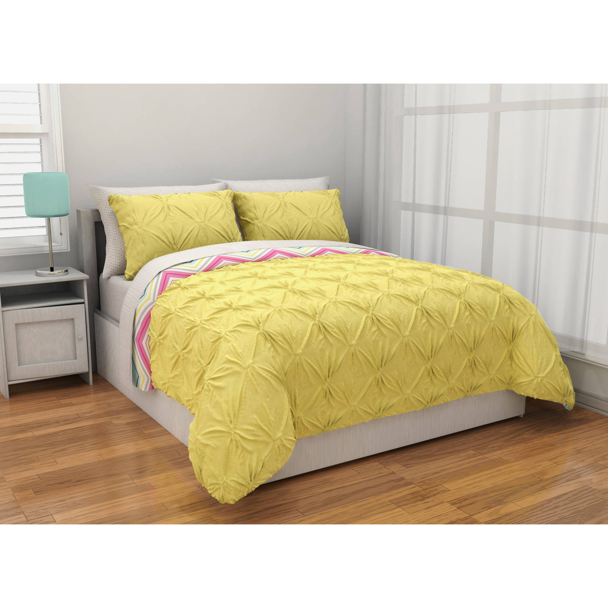 Latitude Pintuck Comforter Set Reverse to Chevron Complete Bedding Set, Yellow