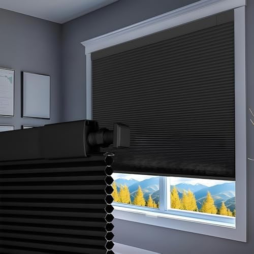 No Drill No Tools Blackout Window Cover,Cordless Honeycomb Blinds,Window Blinds Blinds for Indoor Windows,Easy to Install Cellular Shade,Blackout Black-34 W x 48" H
