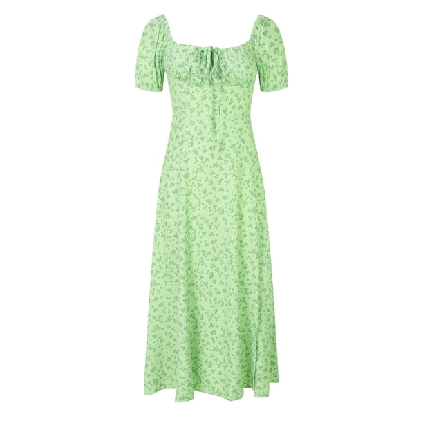 WILLBEST Vestidos con Curvas para Mujer, Vestidos Casuales de Verano para Mujer, de Manga Corta, con Cuello Cuadrado y Abertura Midi Grande