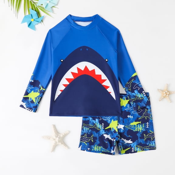 Cowsor 4-8Years Boys Two Piece Swimsuit Set Cute Shark Print Long Sleeve UV Protection Rash Guard Swim Trunks Surfing Swimwear for Beach Pool