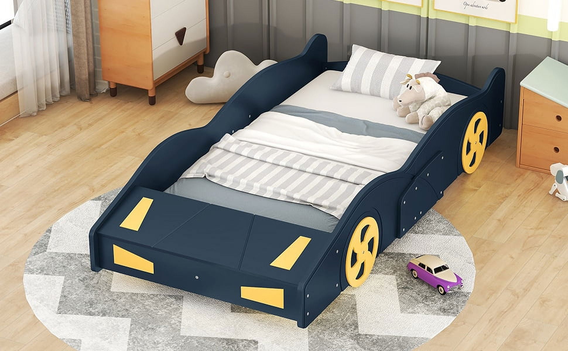 Yoneston Twin Size Kids Race Car-Shaped Platform Bed, Solid Wood Guardrails Platform Bed Frame with Wheels and Storage for Kids Boys and Girls, Dark Blue