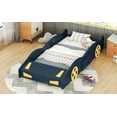 thumbnail image 2 of Yoneston Twin Size Kids Race Car-Shaped Platform Bed, Solid Wood Guardrails Platform Bed Frame with Wheels and Storage for Kids Boys and Girls, Dark Blue, 2 of 8