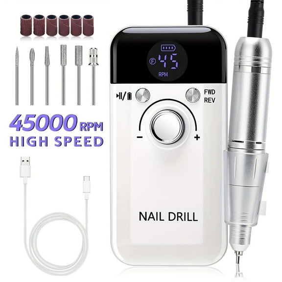 PRYZUNA Professional Nail Drill – 45000 RPM Rechargeable Cordless Electric Nail File with LCD Display for Acrylic & Gel Nails