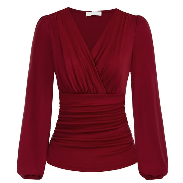 Blusa cruzada con escote en V profundo Nikou para mujer mangas largas