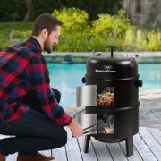 Master Cook Vertical 16 Steel Charcoal Smoker Grill, Heavy Duty 4 in 1 Fire Pit with built-in Thermometer & Adjustable Vent System Black