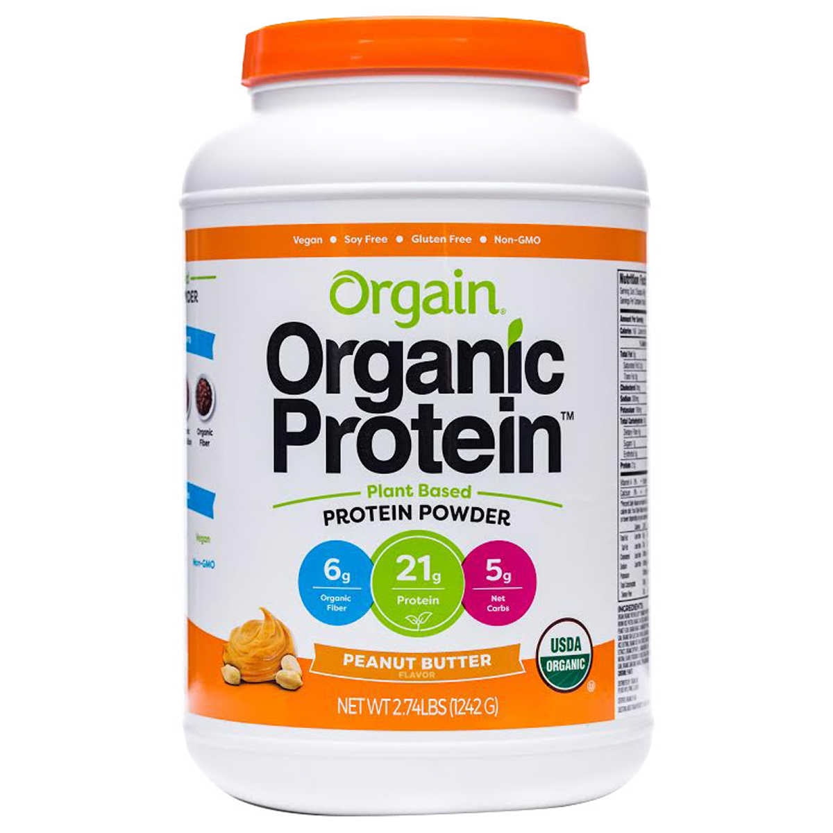 Orgain Organic Plant Based Protein Powder, Peanut Butter, 21g Protein