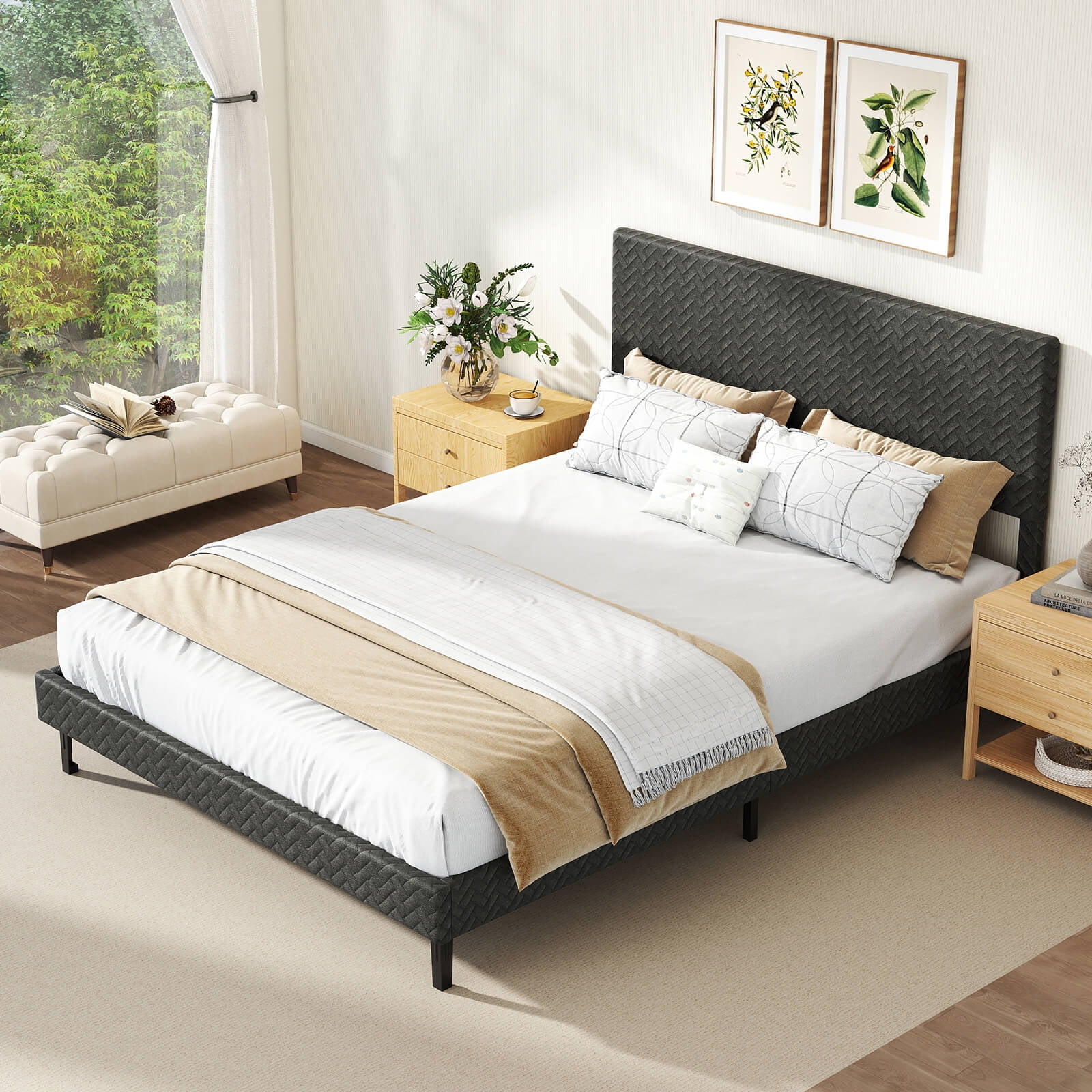 Costway Queen Size Bed Frame with Height Adjustable Chevron Headboard, No Box Spring Needed Gray