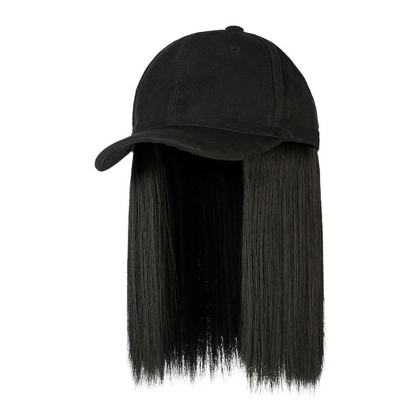 Peluca de gorra de béisbol para mujeres y niñas con extensión de cabello, tocado de moda ajustable Cabello negro