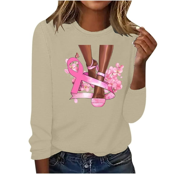 Alkepwun Breast Cancer Pink Ribbon T Shirt for Women Awareness Long Sleeve Shirts Casual Printed Round Neck Pullover Tops