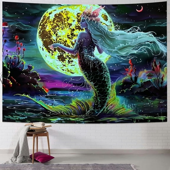 PRATYUS Mermaid Moon Tapestry Fantasy Galaxy Space Jellyfish Tapestry Mountain Ocean Wave Tapestries Tapestry Wall Hanging for Room 40x30inch