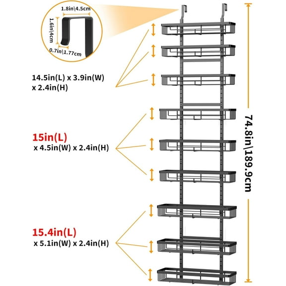 9-Tier Over the Door Pantry Organizer, Black Hanging Storage for Kitchen Spices and Jars