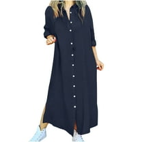IROINNID Dress Shirt for Women Strapless V-Neck Shirt Dress Bandage Fold Long Sleeve Causal Color Long Dress ,Navy