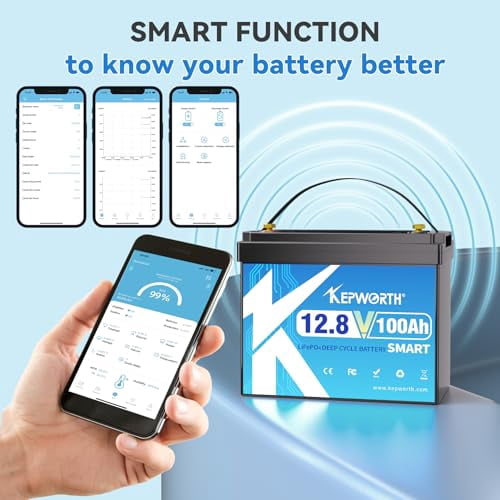 12.8V 100Ah LiFePO4 Battery Bluetooth, Deep Cycle Lithium Batteries with Built-in 100A BMS, BCI Group 24, Grade A Lithium Iron Phosphate Cells, for Trolling Motor, Boat, Rv, Solar,