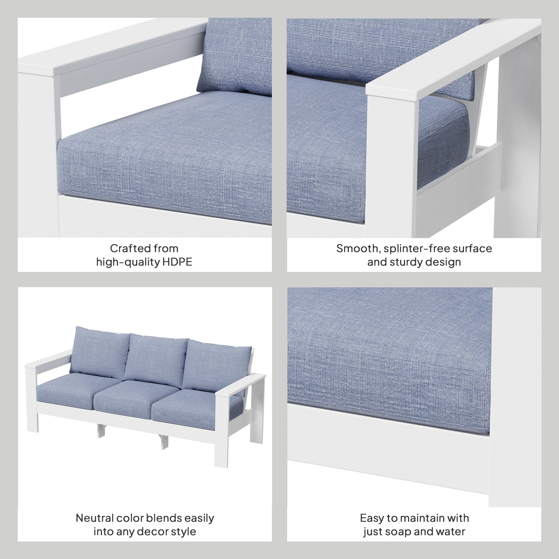 Better Homes & Gardens Ezra Outdoor HDPE Sofa, White with Blue Cushions