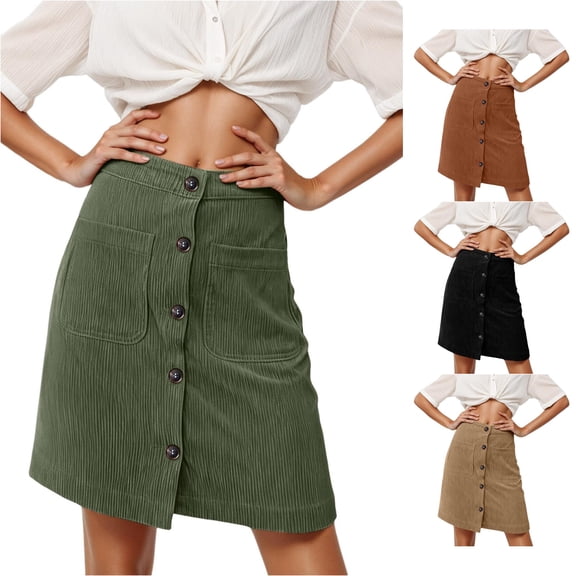 TinyBloomm Corduroy Skirt High Waisted Button Down A Line Fall Winter Short Skirt With Pockets Casual Stretch Comfort Fit Skirt Table Fringe, Size L