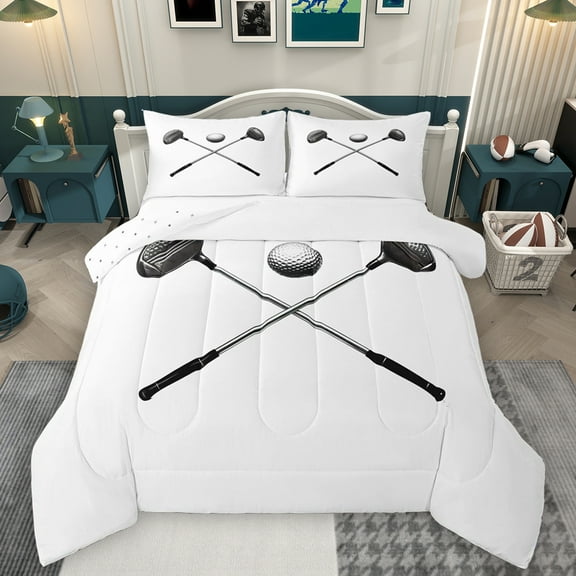 Homewish Golf Club Twin Comforter Set, Golf Ball, White Silver, 2-Piece Cozy Reversible