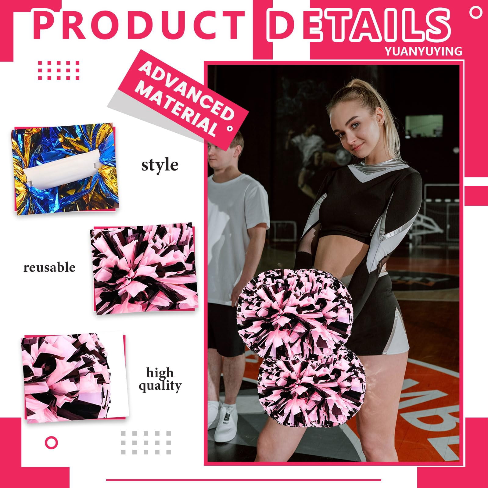 Cheer Pom Poms 20 Pcs with Handle, Cheerleading Handheld Squad Pompoms for Sports Team Cheer Spirit Games Dance Party Adults
