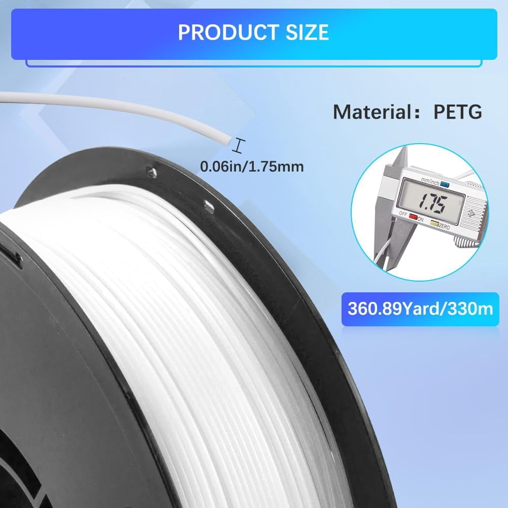 PETG Filament 1.75mm 3D Printer Material 1.0kg Dimensional Strength & High Temperature Fit Most 3D Printer Accuracy +/- 0.02mm Gift for 3D Printing Lover 360.8 Yard White