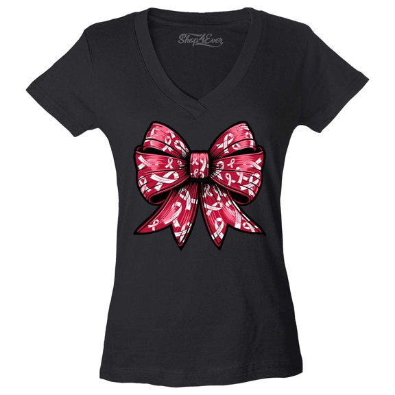 Shop4Ever Women's Breast Cancer Bow Slim Fit V-Neck T-Shirt Large Black