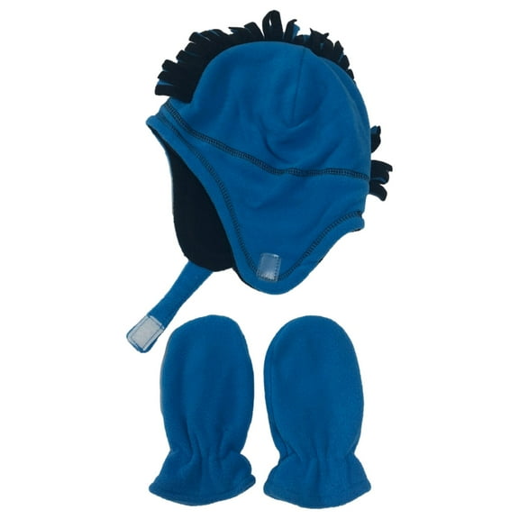 Infant Boys Plush Blue & Black Trapper Hat & Mittens Set 12-18 Months