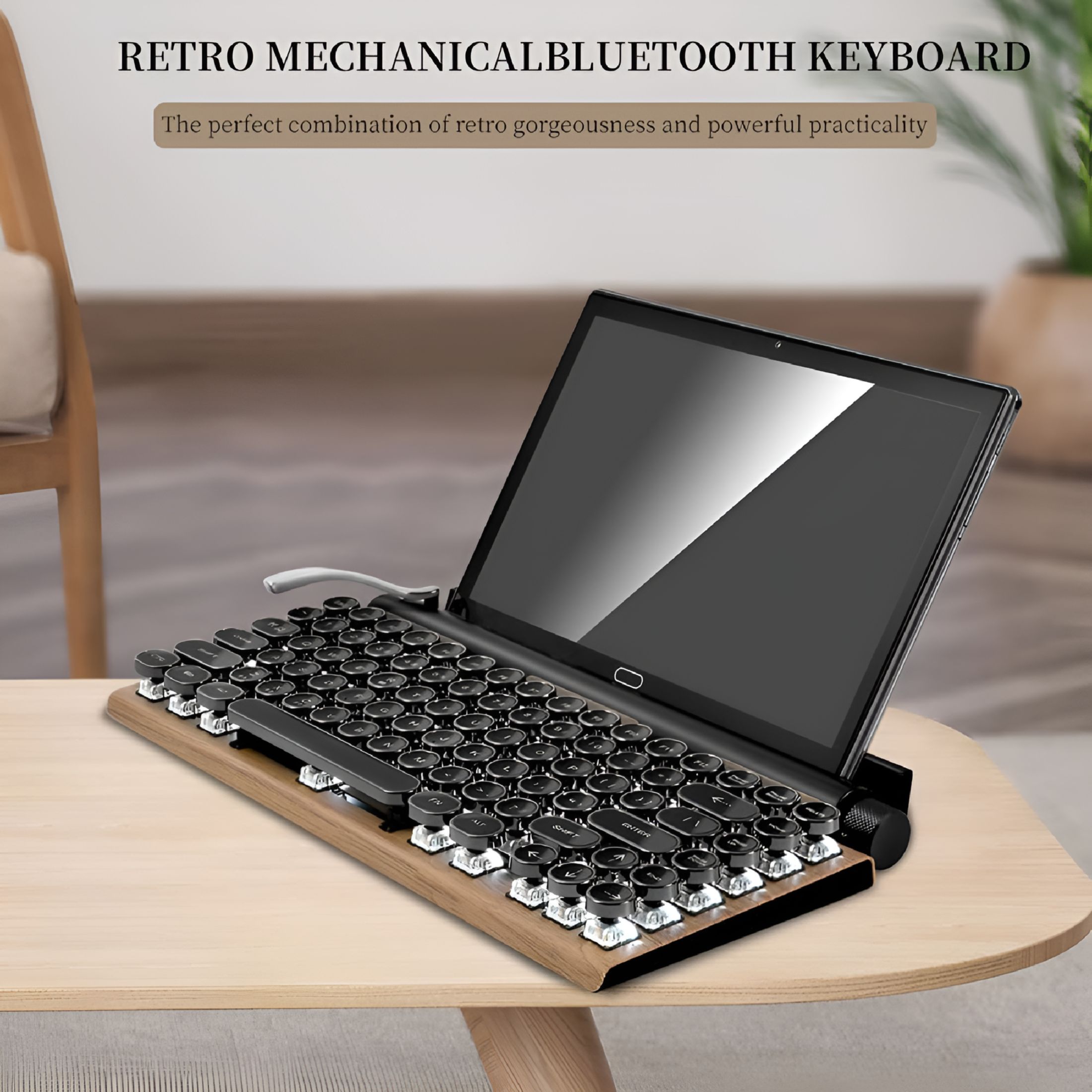 GJX 83-Key Typewriter Keyboard, Retro Style Wireless Bluetooth Keyboard Classical Punk Round Keys LED Backlight Mechanical Keyboard for Mac/Tablet/PC, Wood Color
